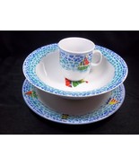 Porcelain Child&#39;s Sailboat plate bowl mug set with blue Mosaic rims - £21.93 GBP