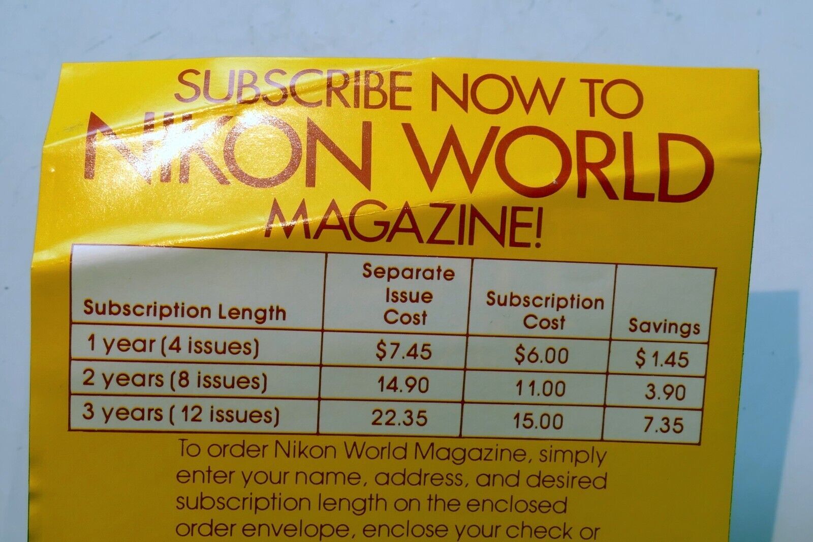 Order card form for Nikon World Photographic Magazine - vintage 1980's