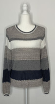 CENY NWT Women Sweater Pullover Crew Neck Long Sleeve Open Knit Striped Grey L3 - £10.52 GBP