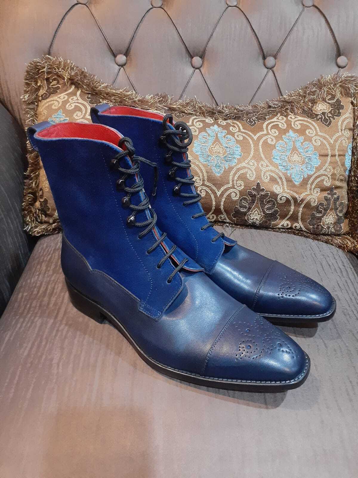 Primary image for Handmade Men's Blue Cowhide Leather Two Tone Round Cap Toe Lace up Ankle Boots