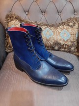 Handmade Men&#39;s Blue Cowhide Leather Two Tone Round Cap Toe Lace up Ankle Boots - £116.37 GBP+