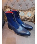 Handmade Men&#39;s Blue Cowhide Leather Two Tone Round Cap Toe Lace up Ankle... - £117.31 GBP+