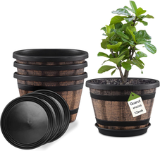 Plant Pots Set of 4 Pack 12 Inch,Large Whiskey Barrel Planters with Drainage Hol - £62.81 GBP