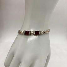 Red Cube Rhinestone Bracelet Faux Pearl Crystal Aurora Borealis Bead Sil... - £7.77 GBP