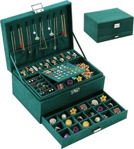 Qbestry Jewelry Organizer Box For Women, Green Velvet Jewelry Box 3 Layer Large - £29.62 GBP