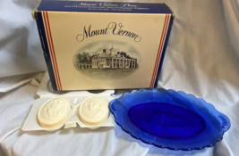 Vtg Avon Mount Vernon George &amp; Martha Washinton Cobalt Blue Plate Soap Set - £11.30 GBP