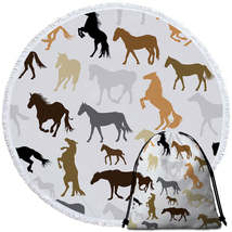 Black Grey Brown Beige Horses Pattern Round Beach Towel - $14.90+