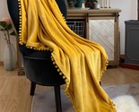 Mustard Yellow Lomao Flannel Blanket With Pompom Fringe Lightweight Cozy... - $39.95
