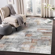 5&#39; X 7&#39; Ultra Soft Area Rug, Grey/Rust, Non-Slip, Washable, Foldable, - £71.43 GBP