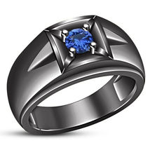 Mens 14K Black Gold Over 925 Silver Blue Sapphire Solitaire Engagement Band Ring - £73.21 GBP