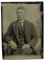 CIRCA 1860&#39;S 1.75X2.5 in TINTYPE Dapper Handsome Man With Stiped Suit &amp; Tie - £13.76 GBP