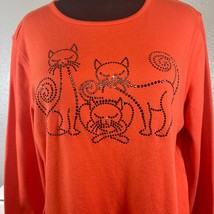 Designer Originals Womens Sz Large Orange Rhinestone Black Cat Halloween T Shirt - £10.95 GBP