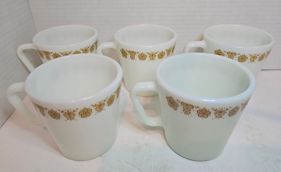 Primary image for Lot of 5 Vintage PYREX #1410 Butterfly Gold D Handle Coffee Tea Mug Cup USA Made