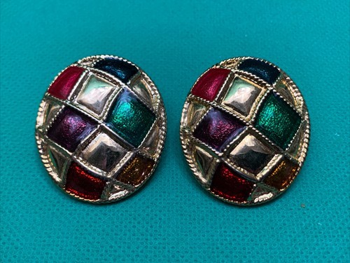 Vintage Unsigned Colorful Abstract Clip On Earrings Estate Jewelry Find KG - $9.89