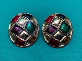 Vintage Unsigned Colorful Abstract Clip On Earrings Estate Jewelry Find KG - $9.89