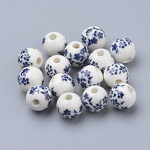 10 Porcelain Flower Beads 10mm White Blue Ceramic Jewelry Making Findings  - £3.86 GBP