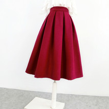 Winter Wine-red Long Pleated Skirt Women Plus Size A-line Wool Midi Party Skirt image 3