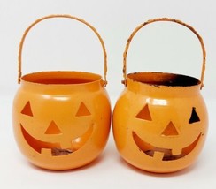 VTG Hosley Orange Metal Pumpkin Votive Candle Holders Lot of 2 Halloween Décor - £7.77 GBP