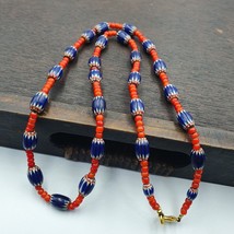 Antique Vintage Venetian White Heart And Blue Chevron Trade Beads Necklace W2 - £38.20 GBP
