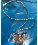 Vintage Large Spun Silver Wire Butterfly Moth Pendant w Chain 925 Sterli... - £27.15 GBP