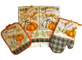 Pumpkin Dish Towels Oven Mitt Pot Holder Set of 4 Buffalo Plaid Thanksgiving - £23.02 GBP