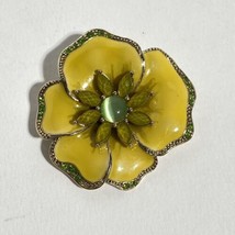 Liz Claiborne Yellow Enamel Flower Rhinestones Faux Catseye Gold Tone Brooch 2in - £27.93 GBP