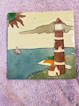 Ceramic Tile Art Trivet Red White Striped Lighthouse Ocean Beach On Fram... - $19.79