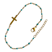 Cross Bracelet Gold 304 Grade Stainless Steel Opaque Blue Round Beaded Chain - £5.45 GBP