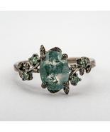 Oval Moss Agate Black Gold Ring, Nature Inspired Design - $350.00+
