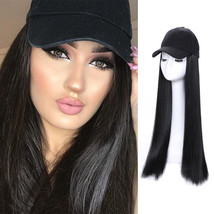Women Straight Baseball Cap Wig Synthetic Black Hair 24 Inches - £18.87 GBP