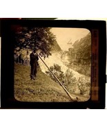 Magic Lantern Glass Slide Blowing The Alpine Horn Grindewald Switzerland... - $29.69