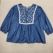 Chambray Floral Embroidered Eyelet Buttun Up Shirt Plus Womens Sz 4X Blu... - $25.82