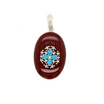 Vtg Sterling Signed Finola Oval Red Carnelian and Cross Turquoise Stone Pendant - £67.26 GBP