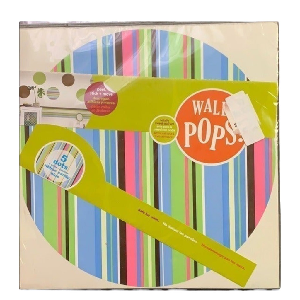 Wall Pops 5 Ribbon Candy Blue Striped 13" Circles Peel Stick Move Wall Art New - $15.19