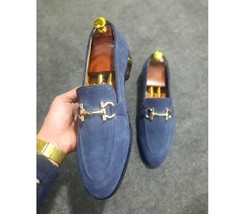 Handmade Men Blue Suede Bit Loafer Shoes, Peas Shoes, Casual Loafer Shoes - $125.00