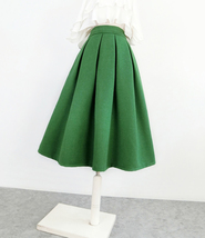 GREEN Midi Pleated Skirt Outfit Women Plus Size A-line Winter Woolen Skirt image 2