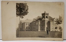 RPPC Victorian Era Man Posing College or School Building Real Photo Postcard E12 - £7.79 GBP