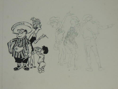 Original unsigned Ink Drawing 13&quot;x13&quot; movie cartoon cel c1970 tourists T... - $80.99