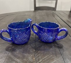 L E Smith Carnival Glass Sugar &amp; Creamer Cobalt Blue Grape Scalloped Rare - $89.09