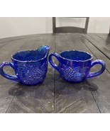 L E Smith Carnival Glass Sugar &amp; Creamer Cobalt Blue Grape Scalloped Rare - $89.09
