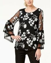 Alfani Embroidered Sheer-Sleeve Top, Black/Gray Size Small - £22.02 GBP