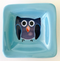 Glass Bowl Owl Motif Square Dish Turquoise w/ Purple &amp; Black Bird 6&quot; x 6&quot; - $24.18