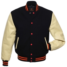 Varsity Jacket Letterman Jacket Baseball Jacket Black Body Cream Leather Sleeves - £65.27 GBP+