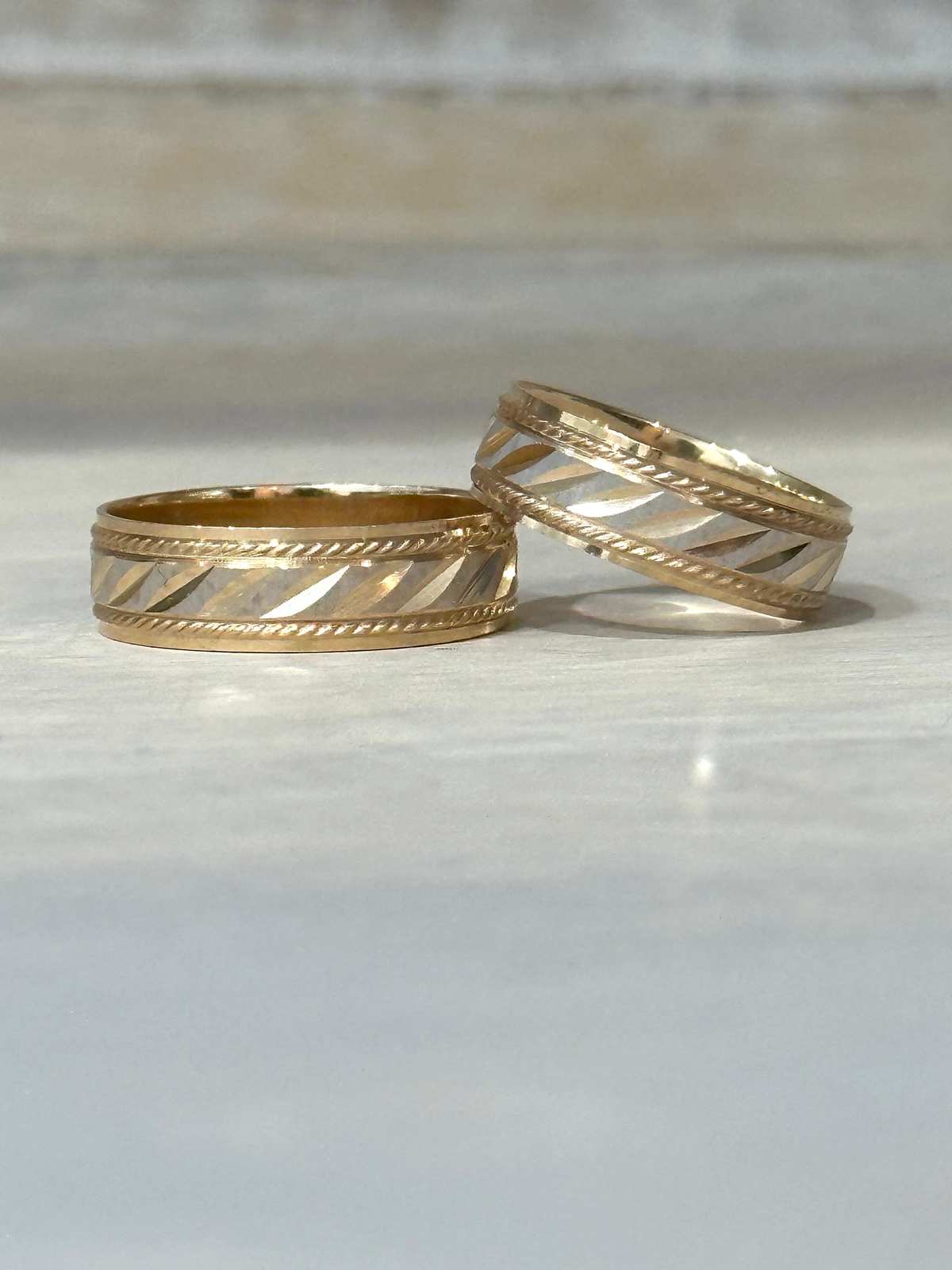 14k Personalized Real Gold Thick Wedding Band Set, Diamond Cut Two Tone 14k Personalized Real Gold Thick Wedding Band Set, Diamond Cut Two Tone