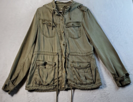 Max Jeans Cargo Jacket Women Medium Green Pockets Long Sleeve Hooded Full Zipper - £14.29 GBP