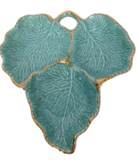 California Pottery Triple Leaf Tidbit Tray Turquoise Gold Color Trim Lea... - £55.81 GBP