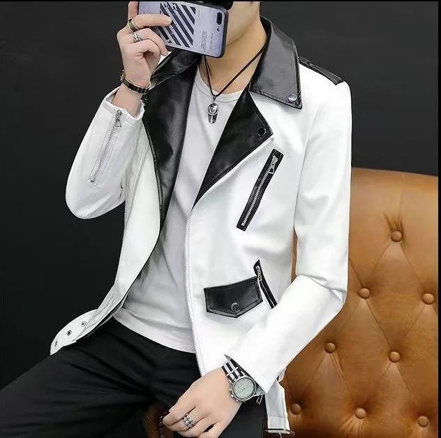 2025 men&#39;s new handsome, new oblique zipper PU leather jacket - $70.00