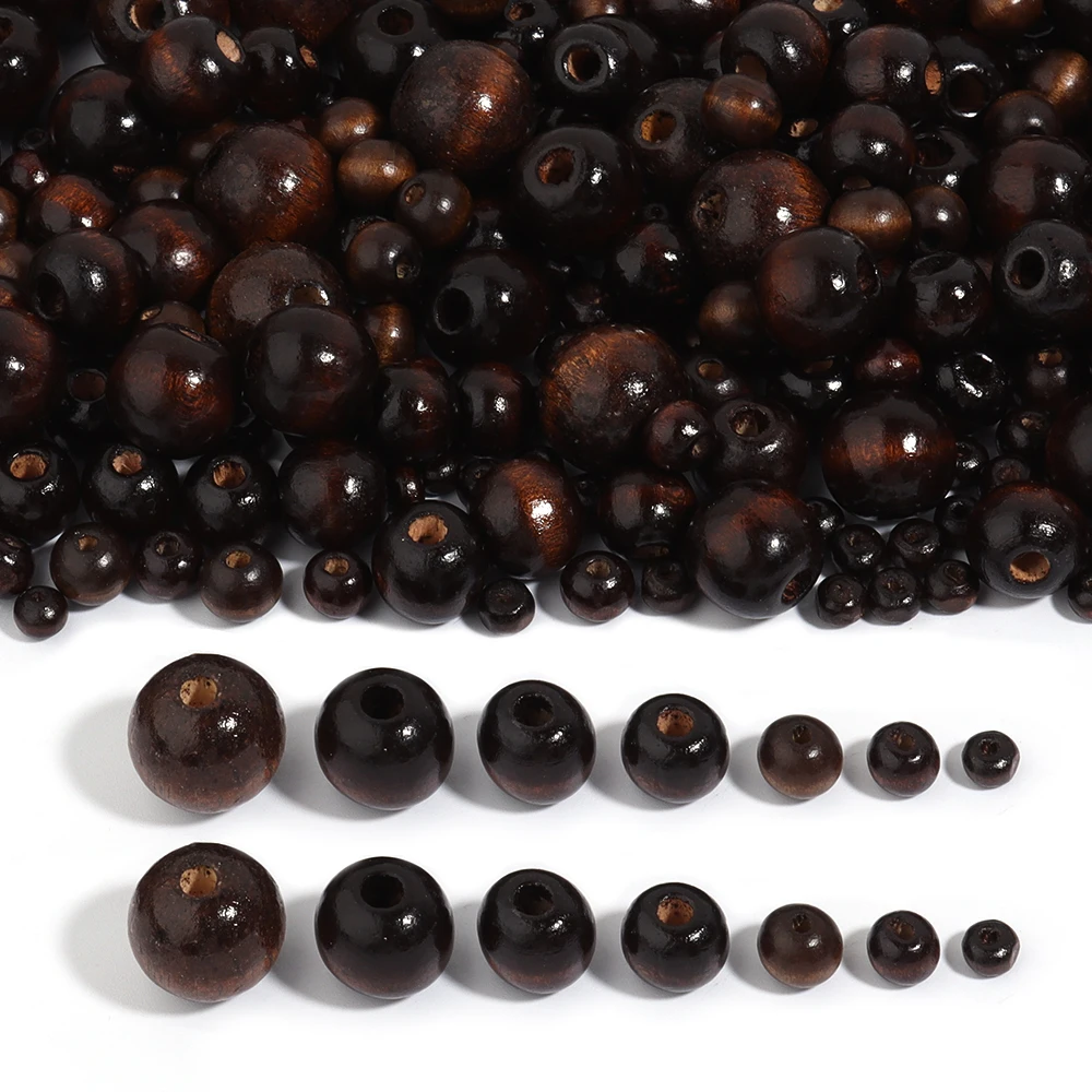 Louleur Dark Brown Round Natural Wooden Beads for Jewelry Making Big Hole Bead - £6.22 GBP