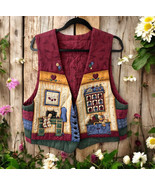 Vintage 90s Handmade Vest Women Red Sewing Cats Cottage Granny Needle qu... - $25.73