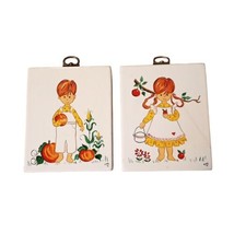 2 Vtg Handmade Wood Block Paintings Redhed Children in Apple Pumpkin Patch 4.5&quot; - £13.27 GBP